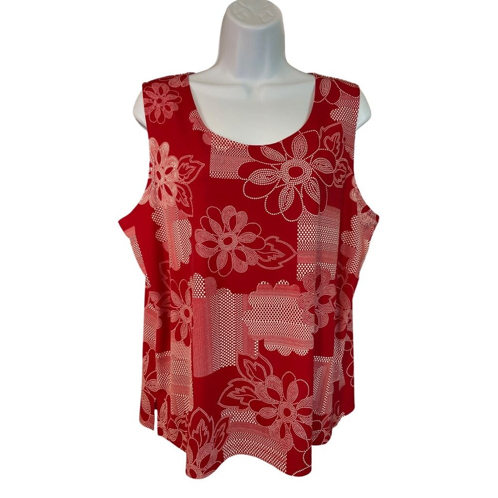 Susan Graver Womens Floral Tank Top XL Red White Sleeveless Liquid Knit Travel